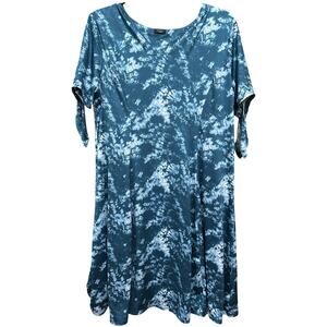 Studio 1886 Dress Women XL Green White Tie Dye Short Sleeve Stretch Casual Boho